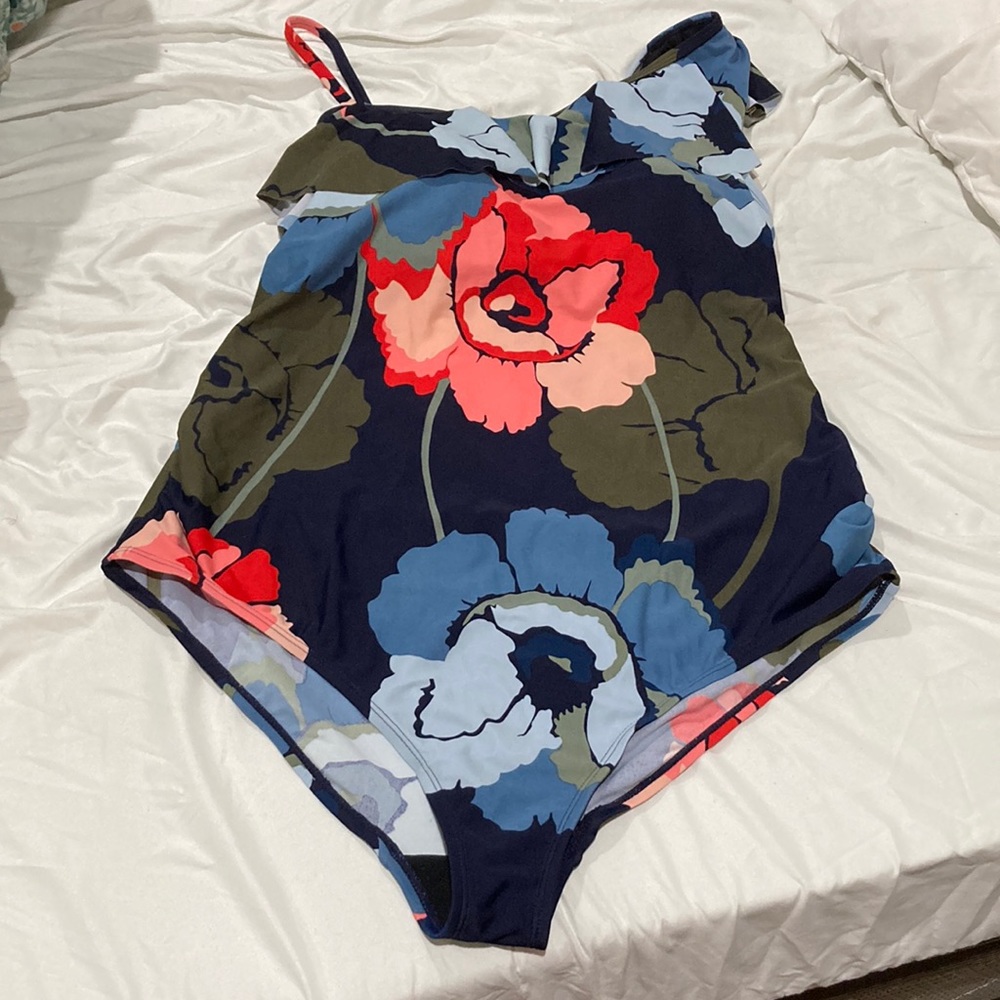 Motherhood Maternity One Piece Bathing Suit With Ruffle Accent, Removable Strap